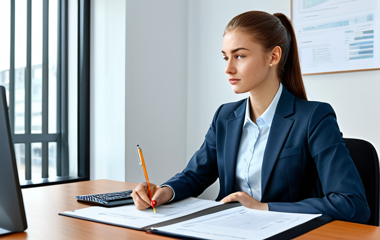 **
A young professional, fully clothed in appropriate business attire, confidently sits at a desk in a bright, modern office. She is reviewing documents, showcasing her skills and dedication to her work. Safe for work, perfect anatomy, natural proportions, professional environment, modest clothing.
**